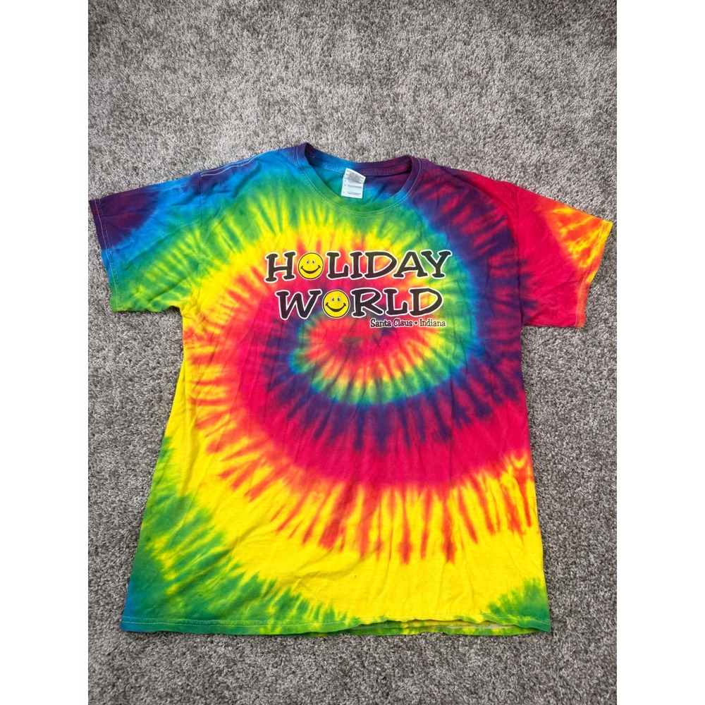 Gildan Holiday World Santa Claus Indiana Tie Dye T-Shirt Large Rainbow Smiley L